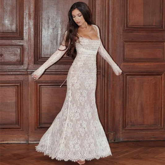 Long lace dress with drawstring and shawl 